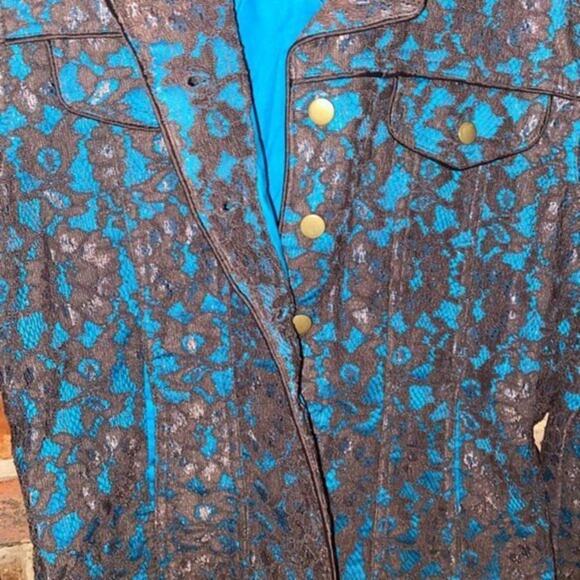Fiona Woof Metallic Brown Blue Lace Blazer Jacket Women's Size 6 - Picture 8 of 9